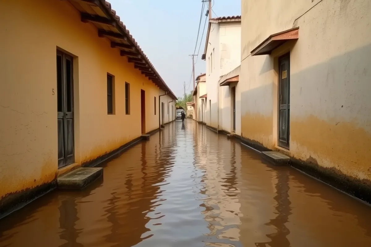 A rural family loading belongings onto a truck beside a flooded road
