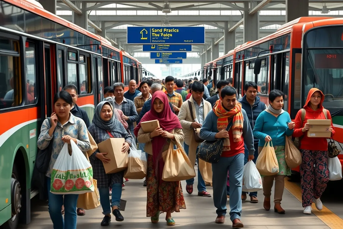 A busy regional bus station with families carrying bags and boxes