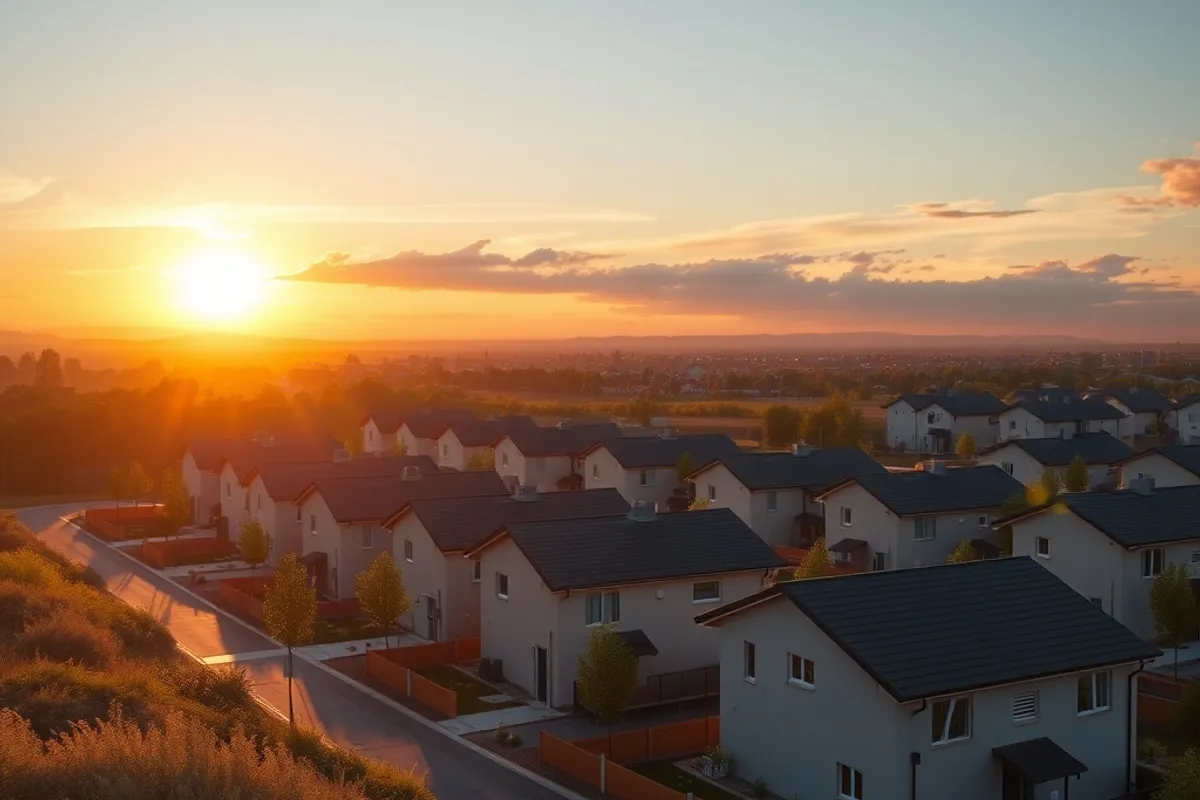 New low-rise housing on the edge of a regional city at sunrise