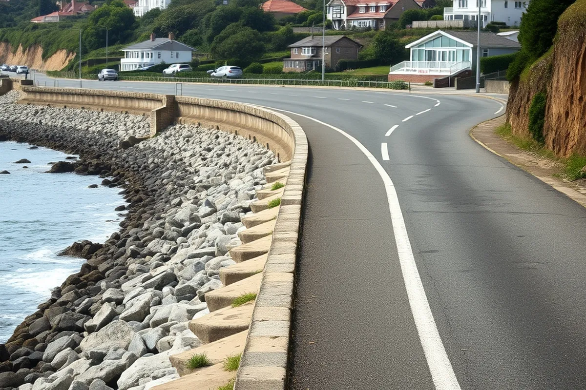 A coastal road with a protective seawall and houses beyond it