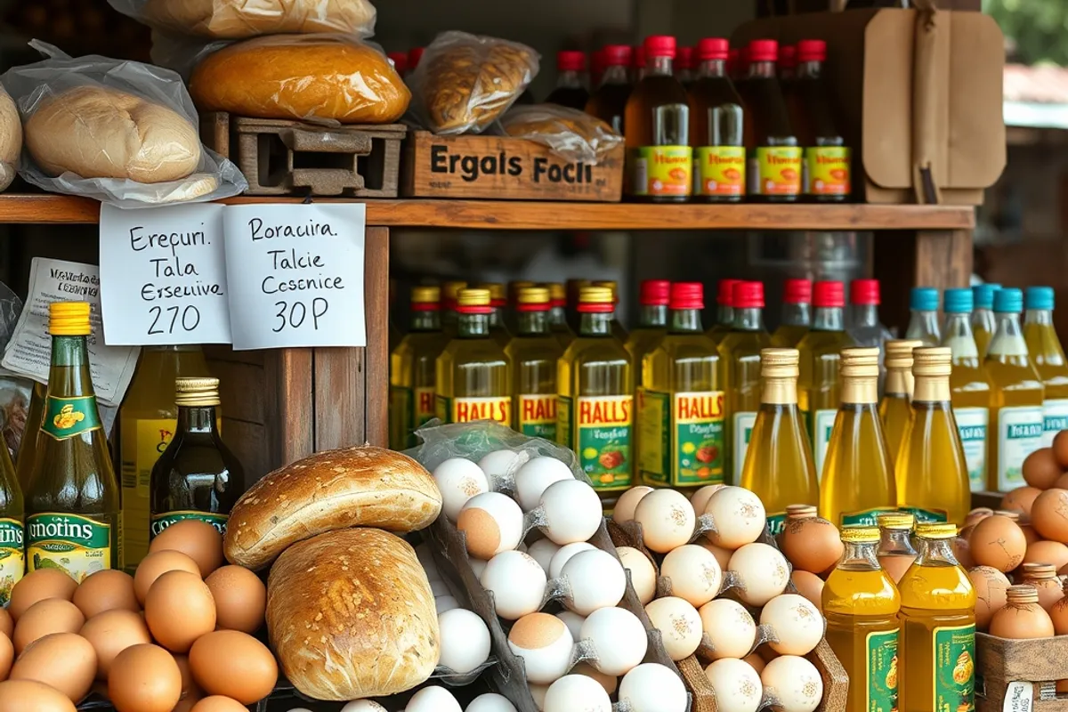 A supermarket receipt and a basket of basic groceries on a table