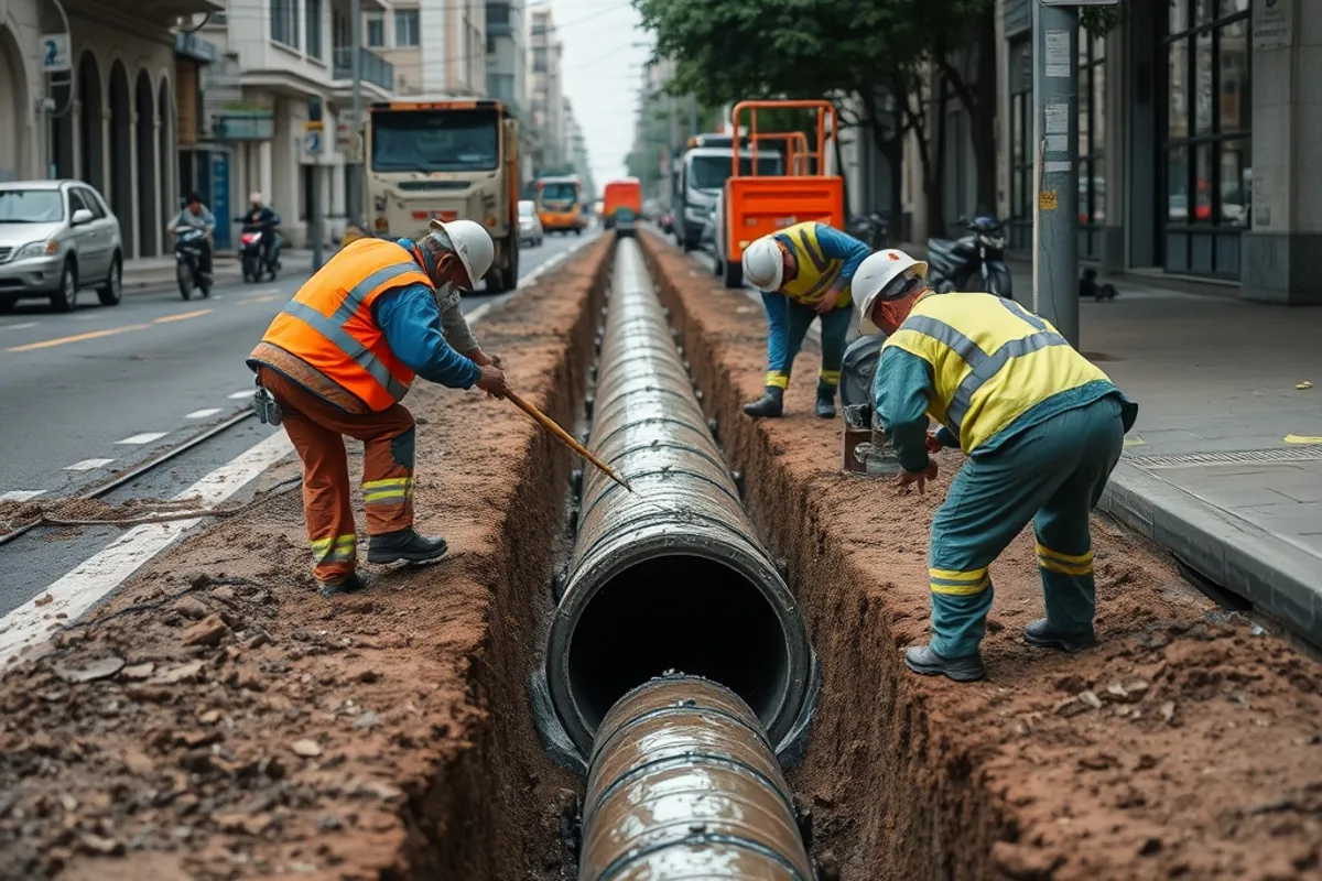 Workers repairing a large municipal water pipe in an open street trench