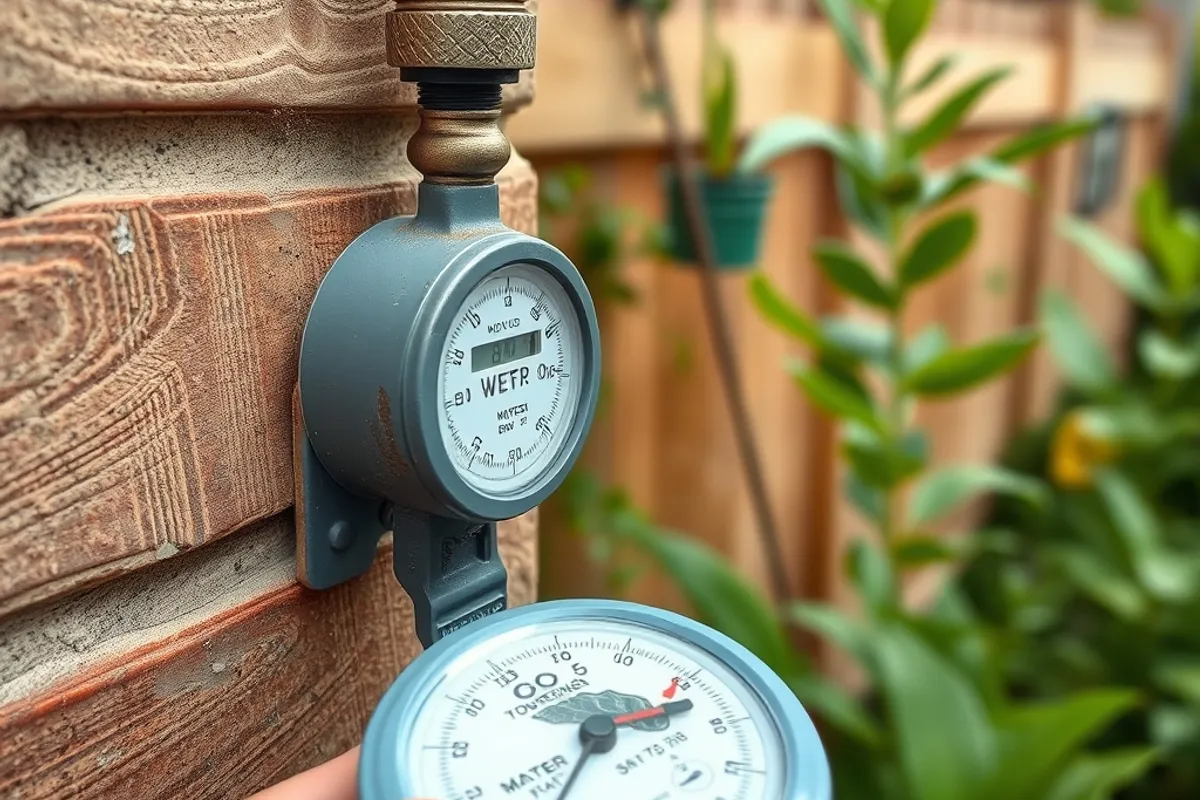 A household water meter being read beside a garden wall
