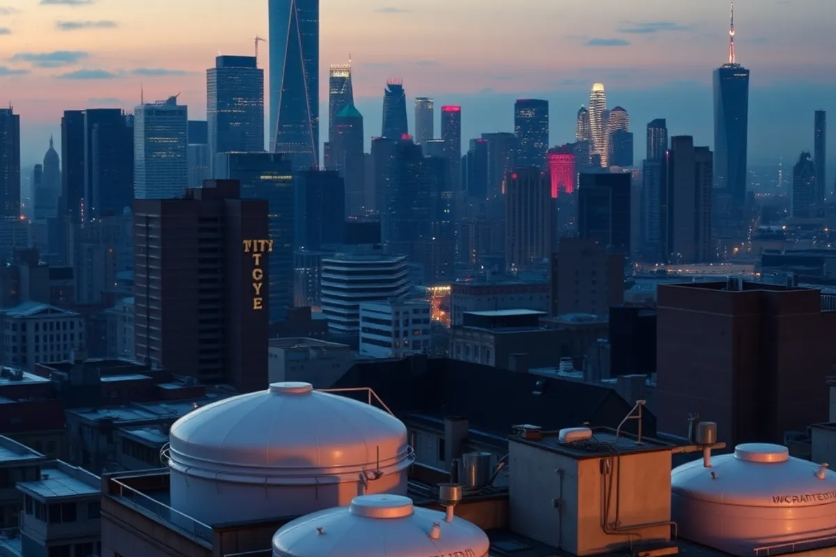 A city skyline at dusk with water storage tanks on rooftops
