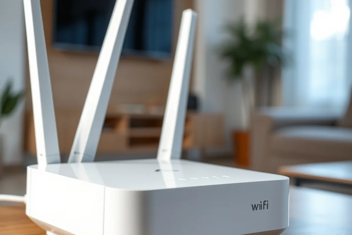 A home office desk with a router, laptop and phone charging