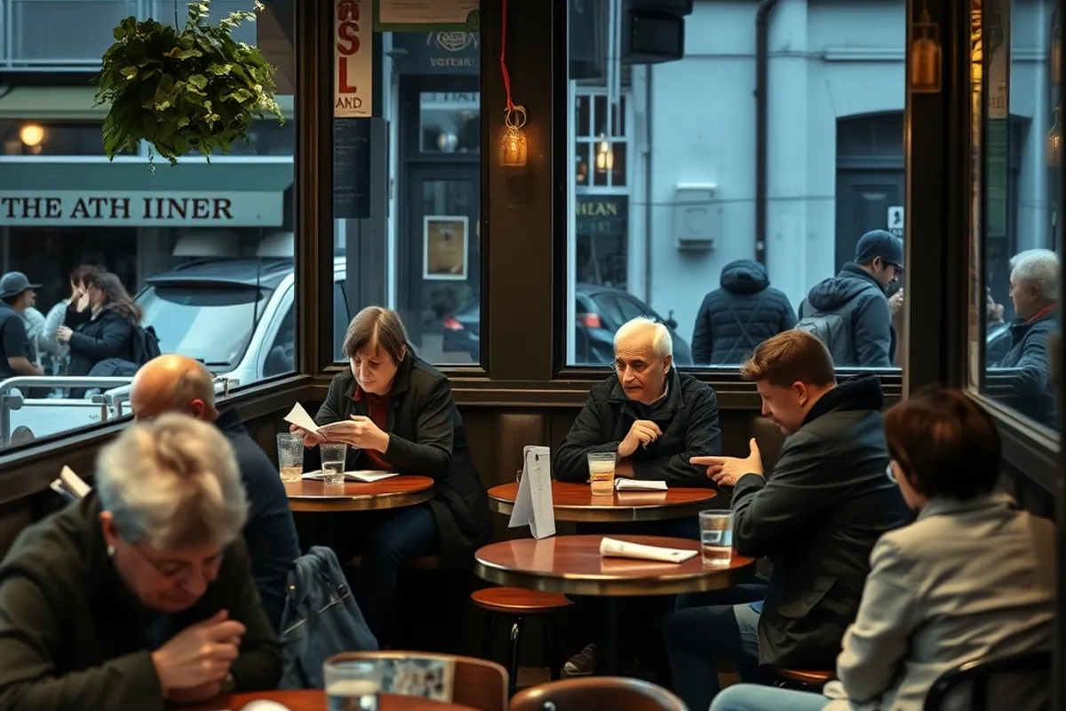 A bright public library reading room with people at long tables